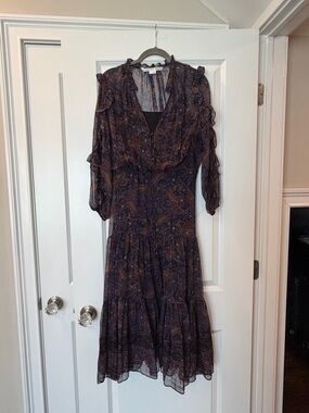 Veronica beard Women's Navy Paisley Ruffle Midi Dress - size 8
